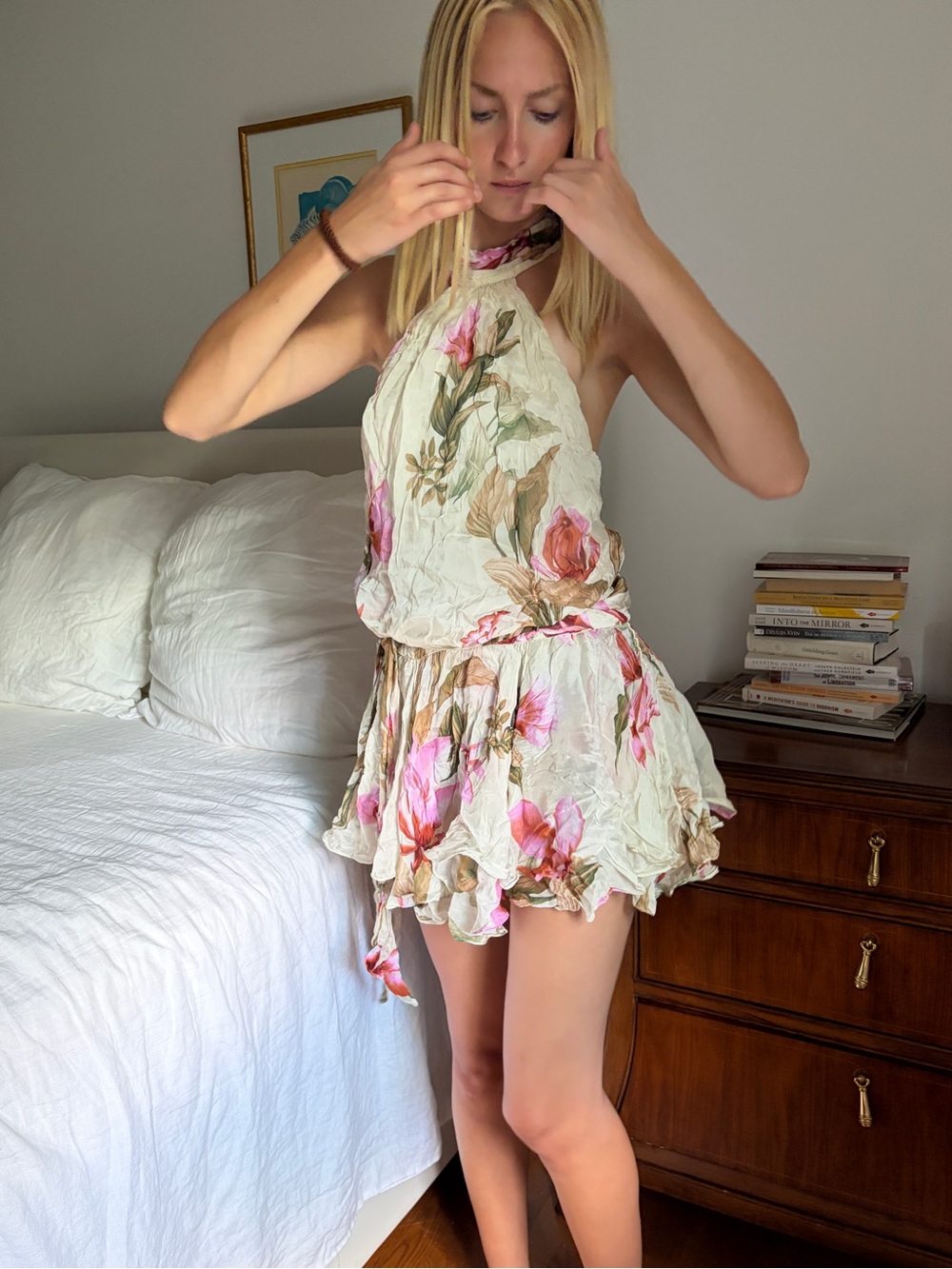 HEMANT & NANDITA Cream Halter Mini Dress with Pink Floral Print - Picture 6 of 6